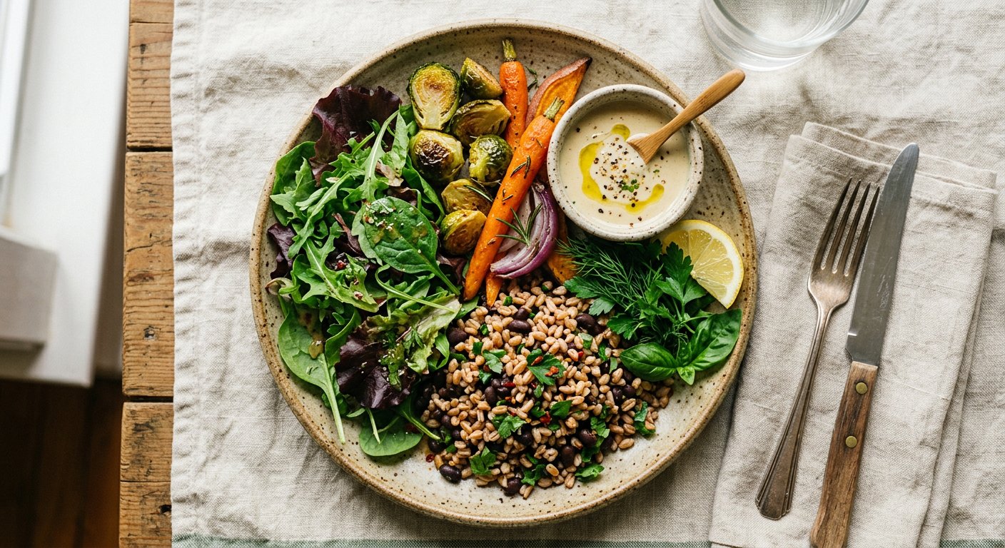 A colorful, balanced meal with greens, grains and roasted vegetables